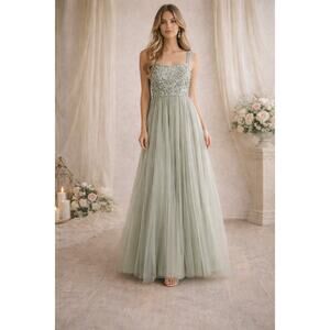 Sage Green Sequin Tulle Maxi Prom Dress Bridesmaid Formal Fairycore Gown US 4 XS